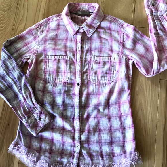 Bleached Flannel Shirt, Size Small Petite: Upcycled Painted Fancy Lady, Lace Hem - Picture 7 of 11